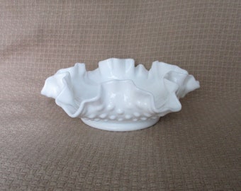 Fenton hobnail milk glass bon bon double crimped vintage 1950's - 1970's