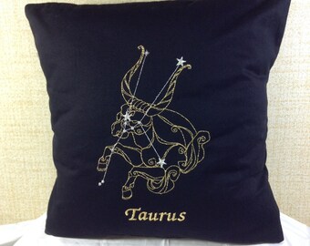 Taurus Zodiac Sign - The Bull, 16 x 16 Pillow Cover, April 20 - May 20, Embroidered, Metallic Thread