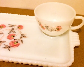 Fire King Anchor Hocking Fleurette Design- Milk Glass Snack Tray with Cup