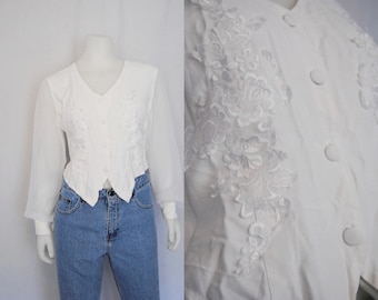 1980s sheer sleeve blouse with lace -- lace appliqué, vintage western shirt, puff sleeve, bohemian, boho, 1990s 90s clothing