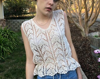 70s Crochet Knit Top with Tie Around Waist - Short Sleeve Tank Style