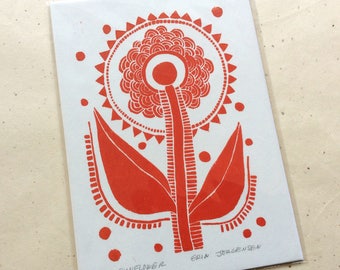 small linocut - SUNFLOWER // 5x7 art print // red // printmaking // block print // nature art // original // small // miniature // 4x6
