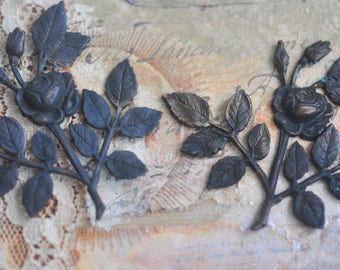 TWO Neo Victorian brass rose spray with leaves, brass stampings, Honey patina, Jewelry Findings, Craft Supplies by Calliopes Attic