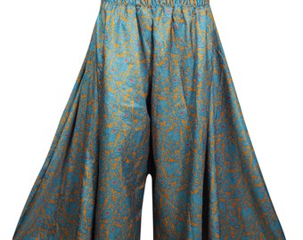 Blue Vintage Split Maxi Skirt High Waist Wide Leg Gypsy Printed Flared Divided Long Skirts S/M