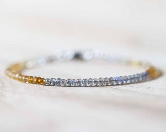 Delicate Citrine Bracelet with Labradorite, Skinny Yellow Gemstone Stacking Bracelet, Citrine Jewelry, Labradorite Bracelet, Sterling Silver