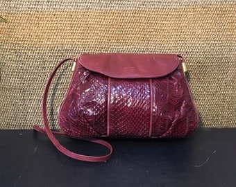 Vintage 1990's Dark Red Wine Burgundy Snake Skin And Leather Shoulder Strap Bag