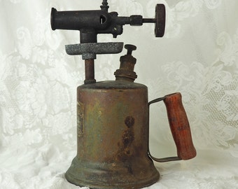 Antique Hand Torch- Rustic brass blow torch with red wooden handle- Very old! Great gift for a tool collector