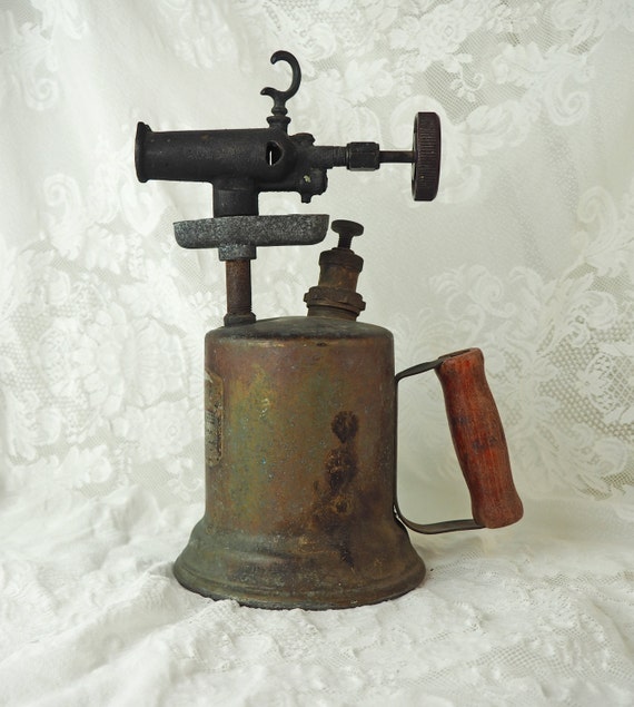 Antique Hand Torch Rustic brass blow torch with red wooden
