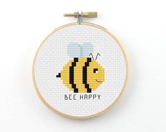 Bee happy Cross Stitch pattern, be happy pattern, bee cross stitch, modern cross stitch, bee happy pdf pattern, funny cross stitch