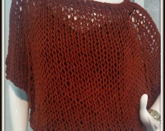SWEATER WOMAN KNITTED Bulky Pullover Poncho Shoulder Cover Cropped Sweater Rust Color