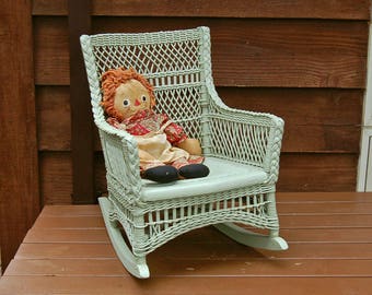 Wicker Child's Rocking Chair, Vintage Wicker Child's Chair, Green Wicker Rocker, Doll Seat,