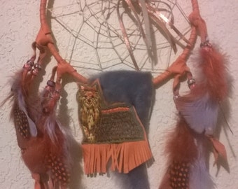 Dog Dreamcatcher embroidered Yorkie, in Lavender and Rust with a Cluster of Carnelian gems,ceramic beads,brilliant feathers-FREE SHIPPING