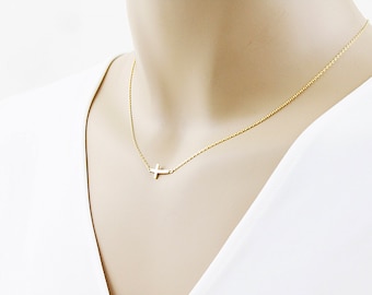 Tiny Sideways Cross Necklace Gold / Silver Cross Charm Necklace Bridesmaid Gift Birthday Gift