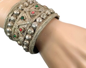 Gypsy Bracelet, Vintage Bracelet, Turkomen Tribal, Hinged, Jeweled, Wide Bracelet, Old Ethnic, Kuchi Boho, Bohemian, Statement, Nomad