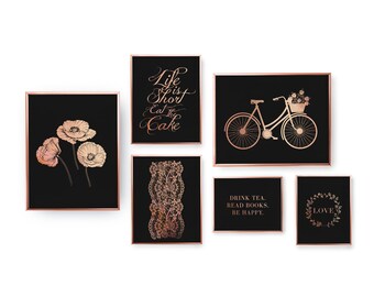 SET of 6 Prints, Shabby Chic Prints, Bedroom Decor, Rose Gold Foil Print, Home Decor, Shabby Chic Wall Art, Shabby Chic Set Prints, 11x14