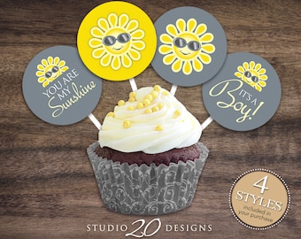 Instant Download Sun Cupcake Toppers, 2" You Are My Sunshine Baby Shower Cupcake Toppers, Gender Neutral Grey Yellow Cupcake Decorations 72B
