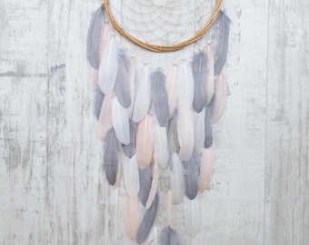 Blush Pink and Gray Feather Dream Catcher - Color Choice - Boho Girls Boys DreamCatcher Wall Hanging Baby Tribal Crib Baby Feathers New Baby