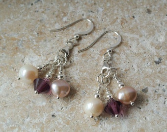 Pink & Silver Chandelier Pearl Drop Earrings - Sterling Silver Earrings of Freshwater Pearl with Amethyst Swarovski Crystal Drops