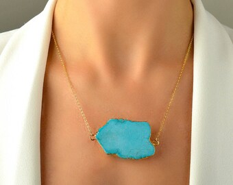 XXL Large Turquoise Pendant, Gold Dipped Turquoise Slice Necklace, Raw Gemstone Necklace, Turquoise Nugget, Boho Gold Filled Necklace