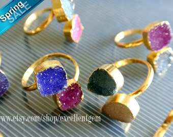 12% off Druzy ring Drusy ring Gold plated edge Double Druzy agate Ring Druzy jewelry Gemstone ring.-JSR-4979