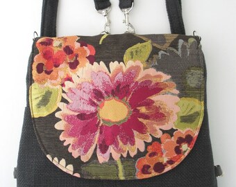 backpack purse, messenger crossbody bag ,convertible bag, fabric tote bag , shoulder handbag, everyday purse, zipper bag, fit ipad