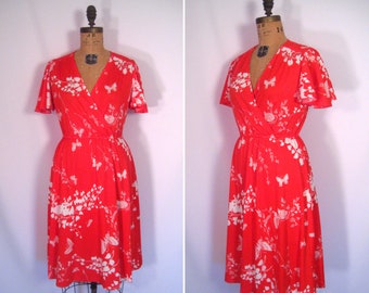1970s butterfly print dress • 70s faux wrap flutter sleeve dress • vintage novelty print day dress