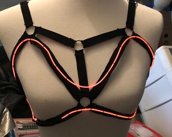 Glow Black Light Harness Mesh Body Suit Neon Pink Qn