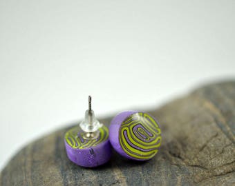 Purple and Green Brain Cane High Gloss Stud Earrings