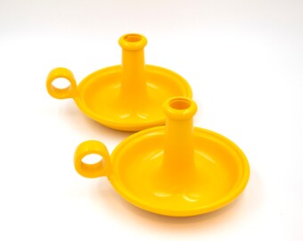 Vintage 1970s Danish modern mid century melamine candle holders - psychedelic funky yellow home decor