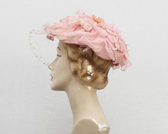Pink Floral Hat - Vintage 1960s Fabric Flower Womens Hat