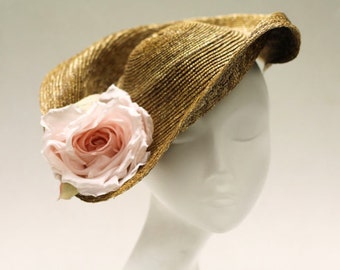 Hat for Races - Ladies Sculpted Straw Fascinator Hat w/ Upturned Back - Sweeping Brim & Silk Rose - The Mint Royale Hat