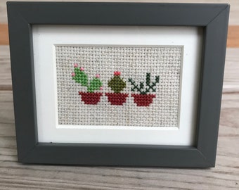Small Framed Cactus Succulent Completed Cross Stitch in gray wooden frame color: cute fun gift/party favor/home decoration