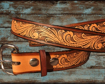 Genuine leather western scroll belt design