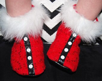 Baby's first Christmas outfit Custom Christmas Baby Boots Shoes faux leather sole . Red sequins Baby girl Santa boots. Santa photo prop