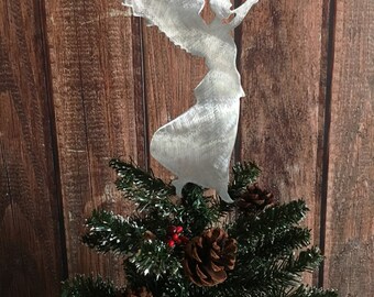 Angel Handcrafted Metal Christmas Tree Topper, Holiday Decoration, Wreath Decor, Aluminum, Metal, Rustic, Silver, Hark the Herald Angels