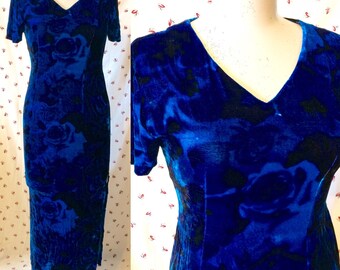 WINTER SALE Electric blue velvet 90s festival floral maxi dress size 8 - 10