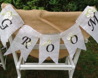 Hand Stenciled White Burlap GROOM Banner