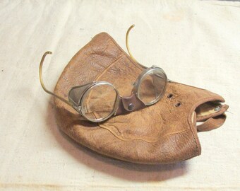 Vintage American Optical A/O Folding Safety Goggles, Premium Shape, free old Leather Cap Just Cuz They Look Great Together!