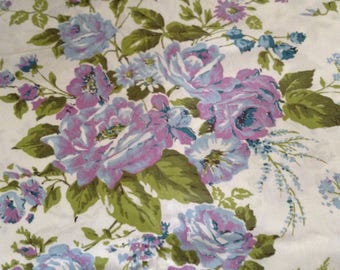 Blue and purple roses on white background, new , cotton, approx 44" x 116"