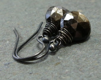Chocolate Brown Sapphire Earrings Minimalist Petite Oxidized Sterling Silver Earrings Gift for Her