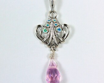 Pink Swarovski Crystal Pendant, Teardrop Briolette, Wire Wrapped, Prom Pendant
