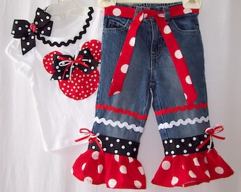 Custom boutique Disney Minnie Mickey Mouse jeans or skirt outfit all sizes avail.
