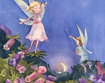 Little Fairies Christmas watercolor painting, Painting, Watercolor