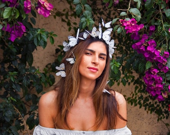 Florentina White Butterfly Crown, Bridal Flower Crown, Festival Headpiece, Desert Wedding, White Fascinator, Headdress