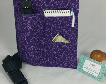 Massage Therapy single 2 side pocket LEFT hip holster, purple scroll, black belt