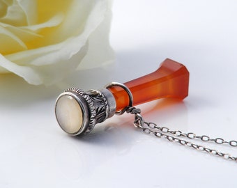 Victorian Carnelian Fob Pendant | Small Antique Fob Seal, White Chalcedony, Agate & Sterling Silver Pendant - 18 Inch Vintage Sterling Chain