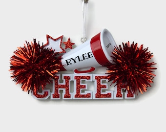 Red Cheerleader Personalized Ornament - CHEER - Pom Poms - Hand Personalized Christmas Ornament - Personalized Ornament