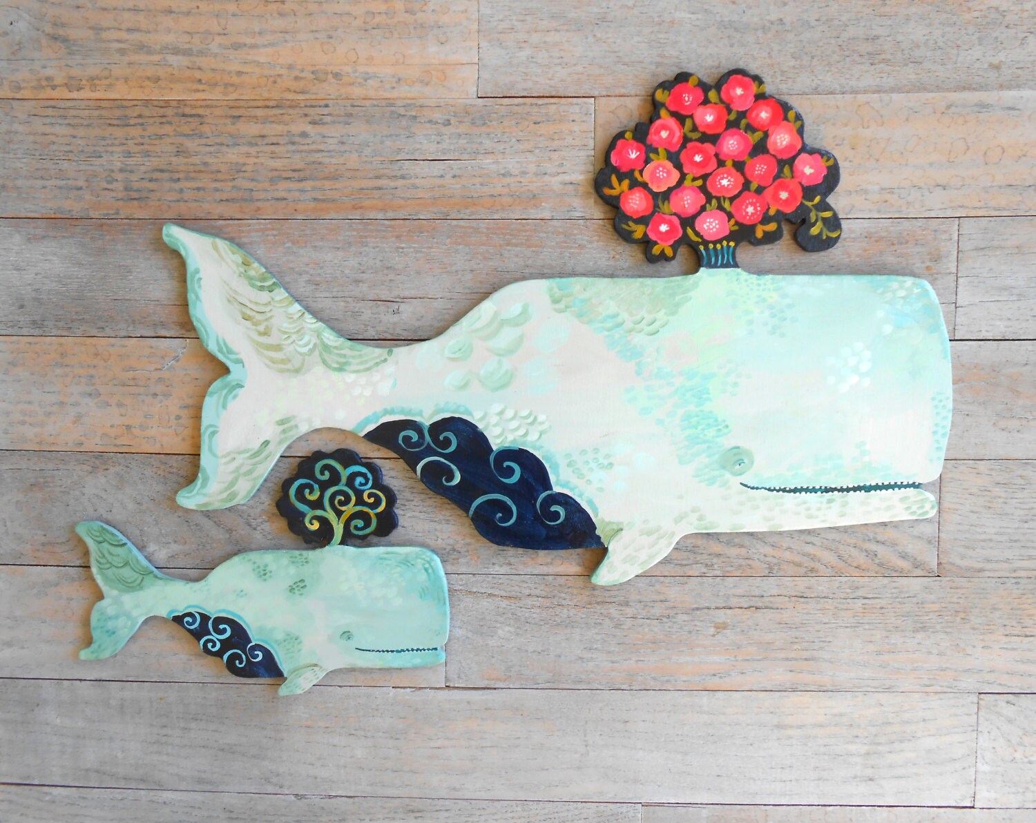 Amandine Mama and baby wood whales by Kimberly Hodges wood