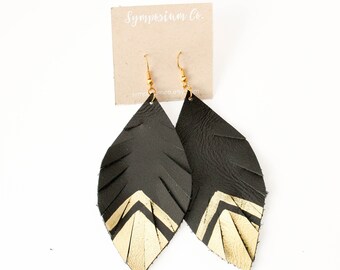 Leather Feather Earrings - Gold Arrow