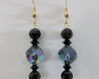 Elegant Vintage Swarovksi Crystal Dangle Earrings, Montana AB and Jet Black, Gold Filled Ear Wires